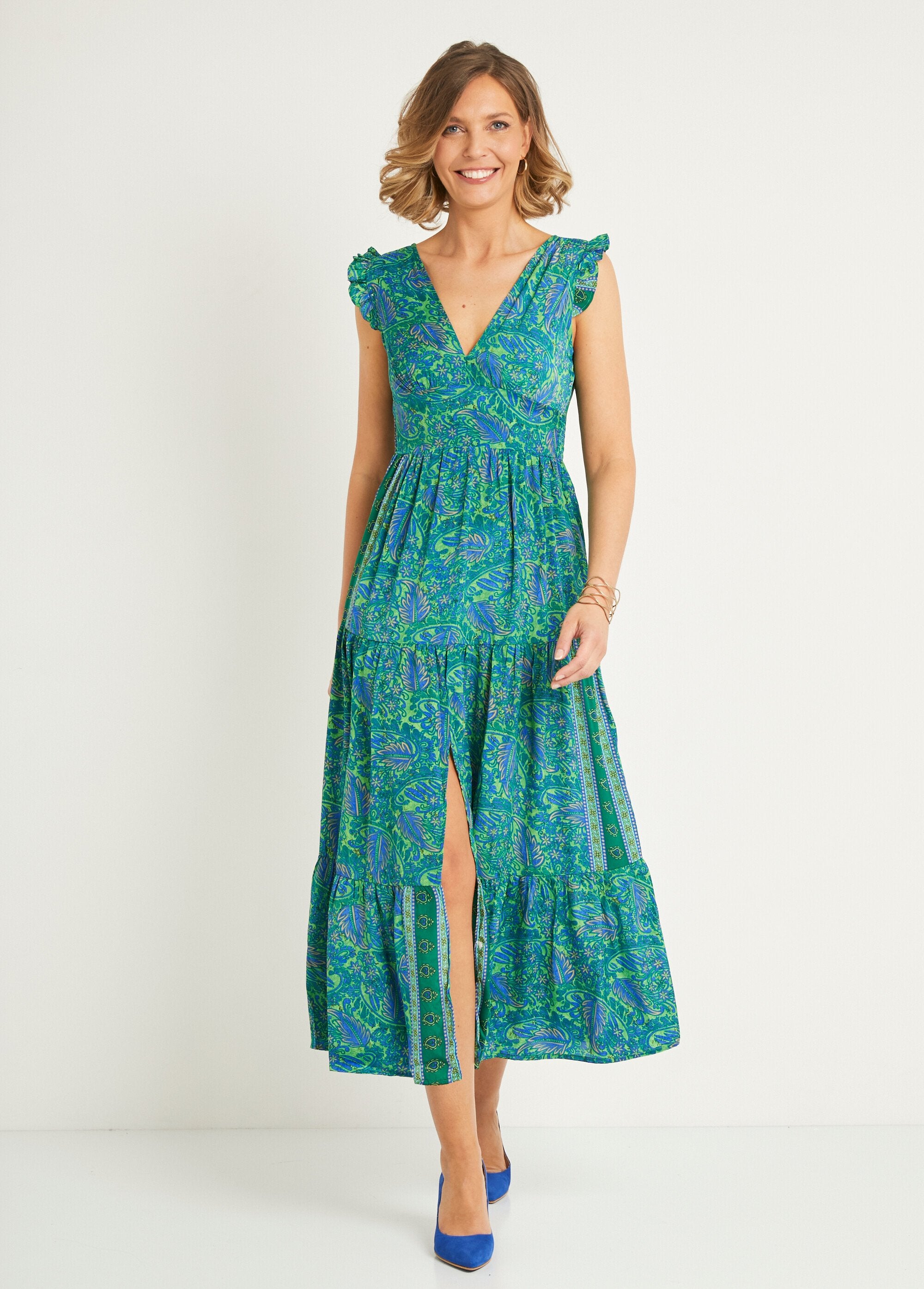 Maxi-jurk_met_korte_mouwen_en_ruches_Vert_et_bleu_FA1_slim