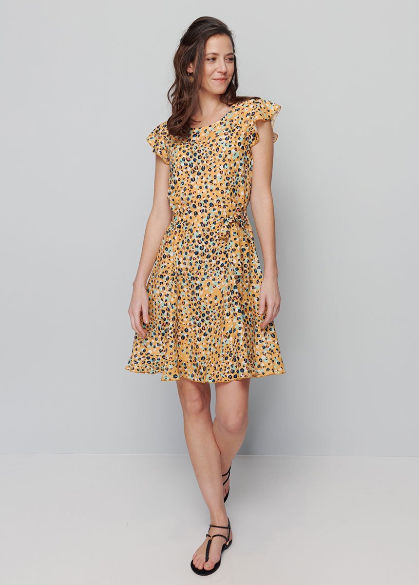 Jurk_met_ruches_en_dierenprint_Fond_miel_FA1_slim