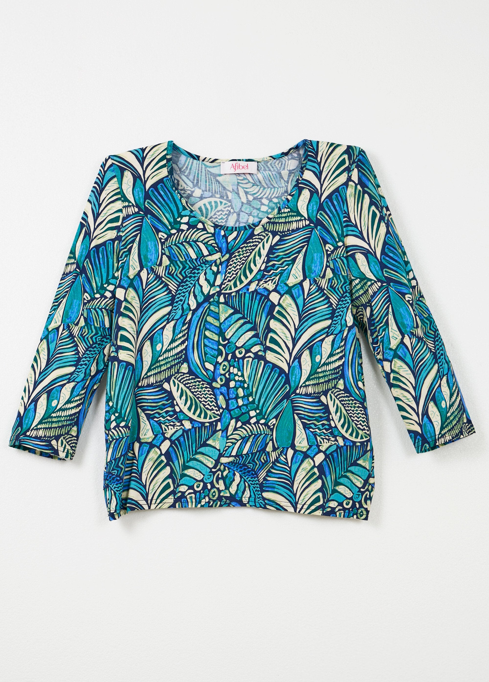 T-shirt_met_patchworkprint_en_ronde_hals_Bleu_et_vert_AP1_slim