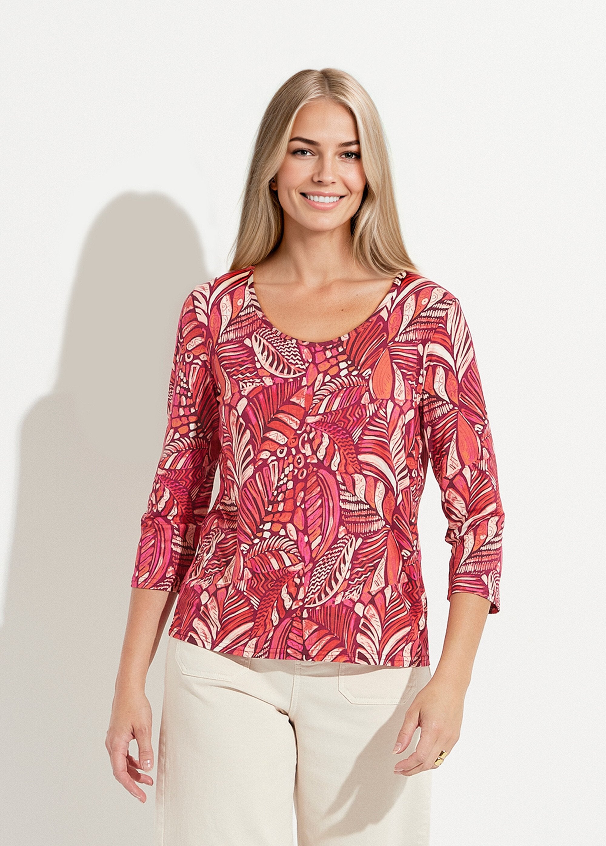 T-shirt_met_patchworkprint_en_ronde_hals_Rose_et_orange_FA1_slim