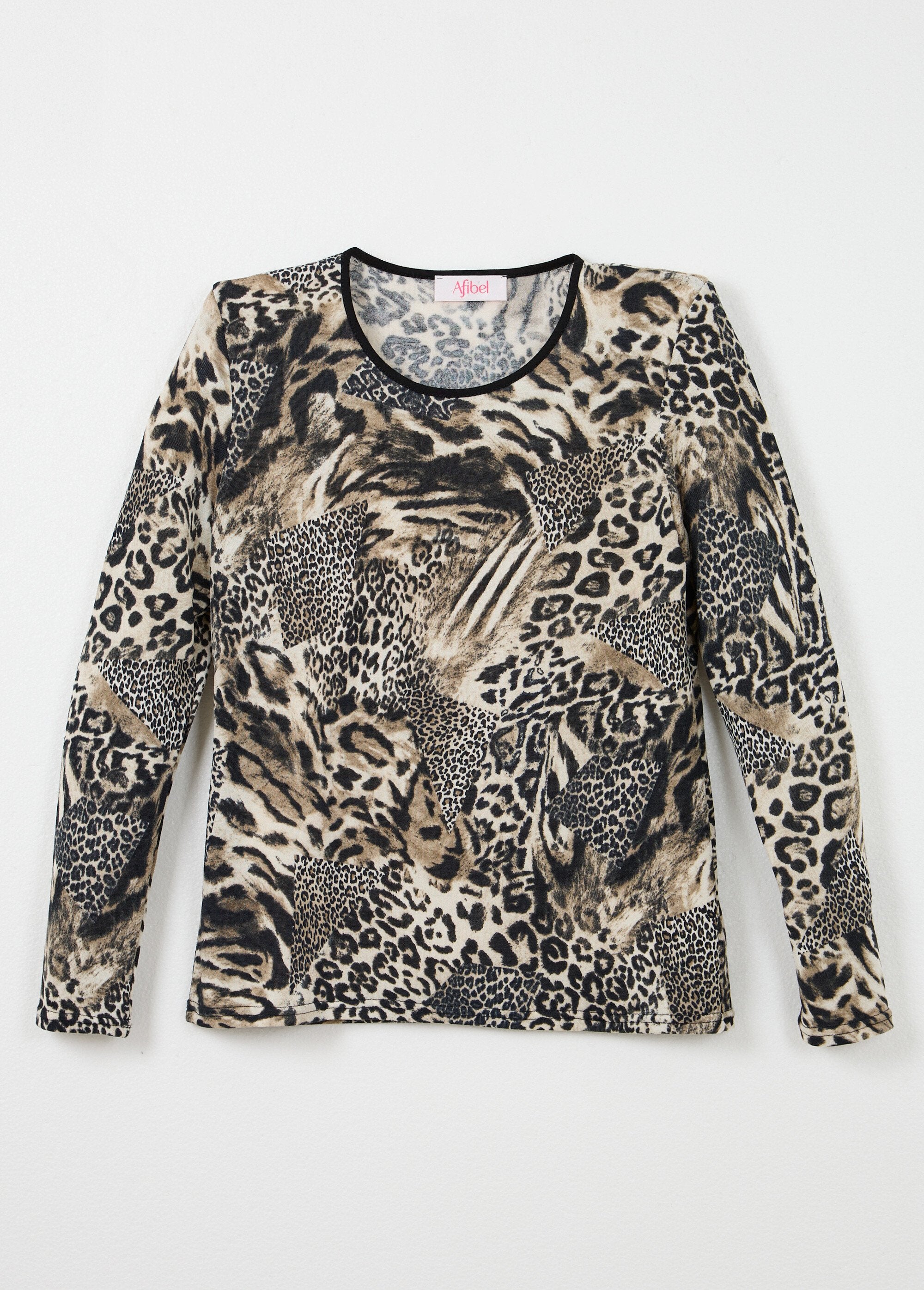 T-shirt_met_patchworkprint_van_dierenhuid_en_ronde_hals_Beige_et_noir_AP1_slim