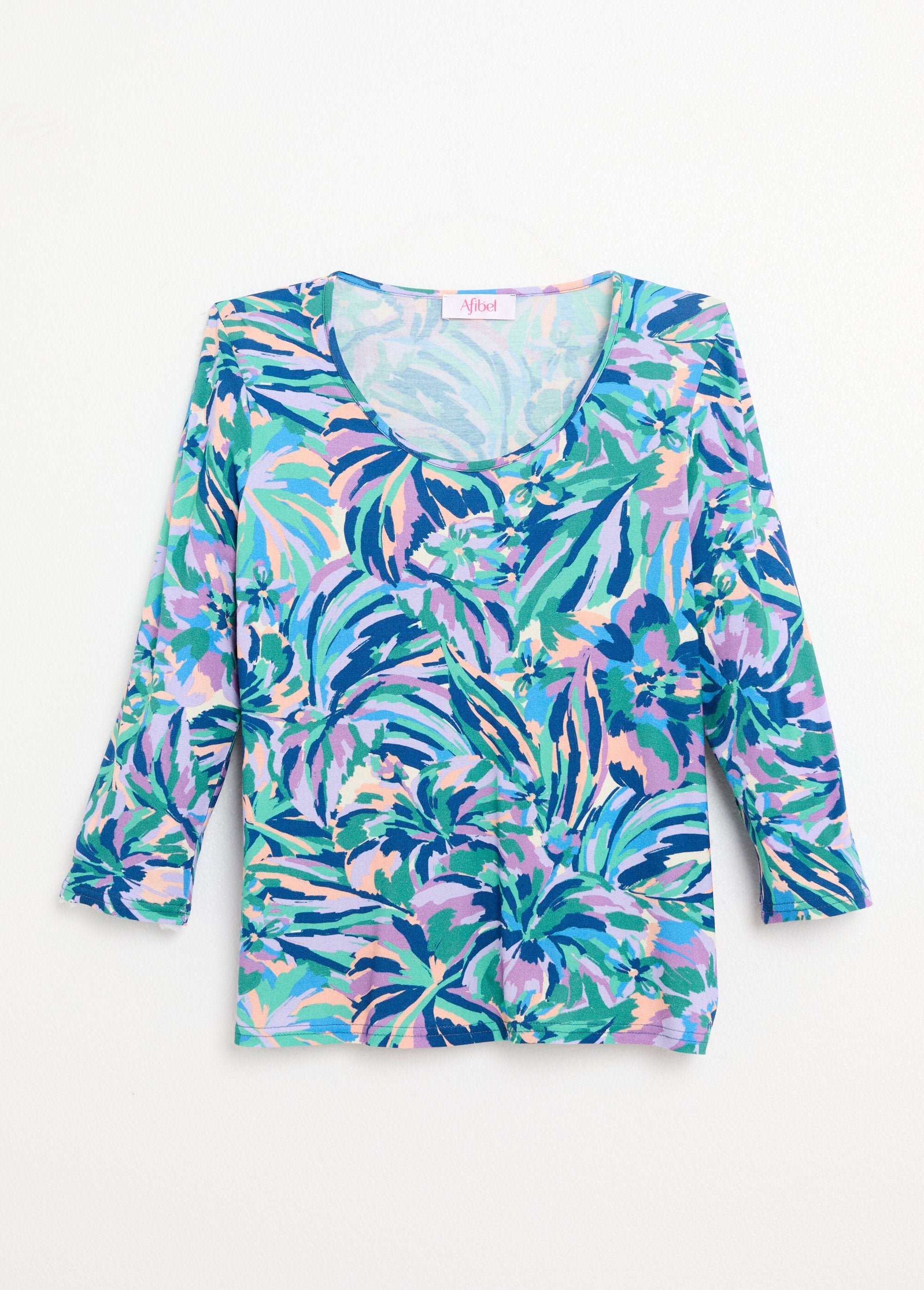 Bedrukt_T-shirt_met_ronde_hals_en_3/4_mouwen_Imprime_bleu_AP1_slim