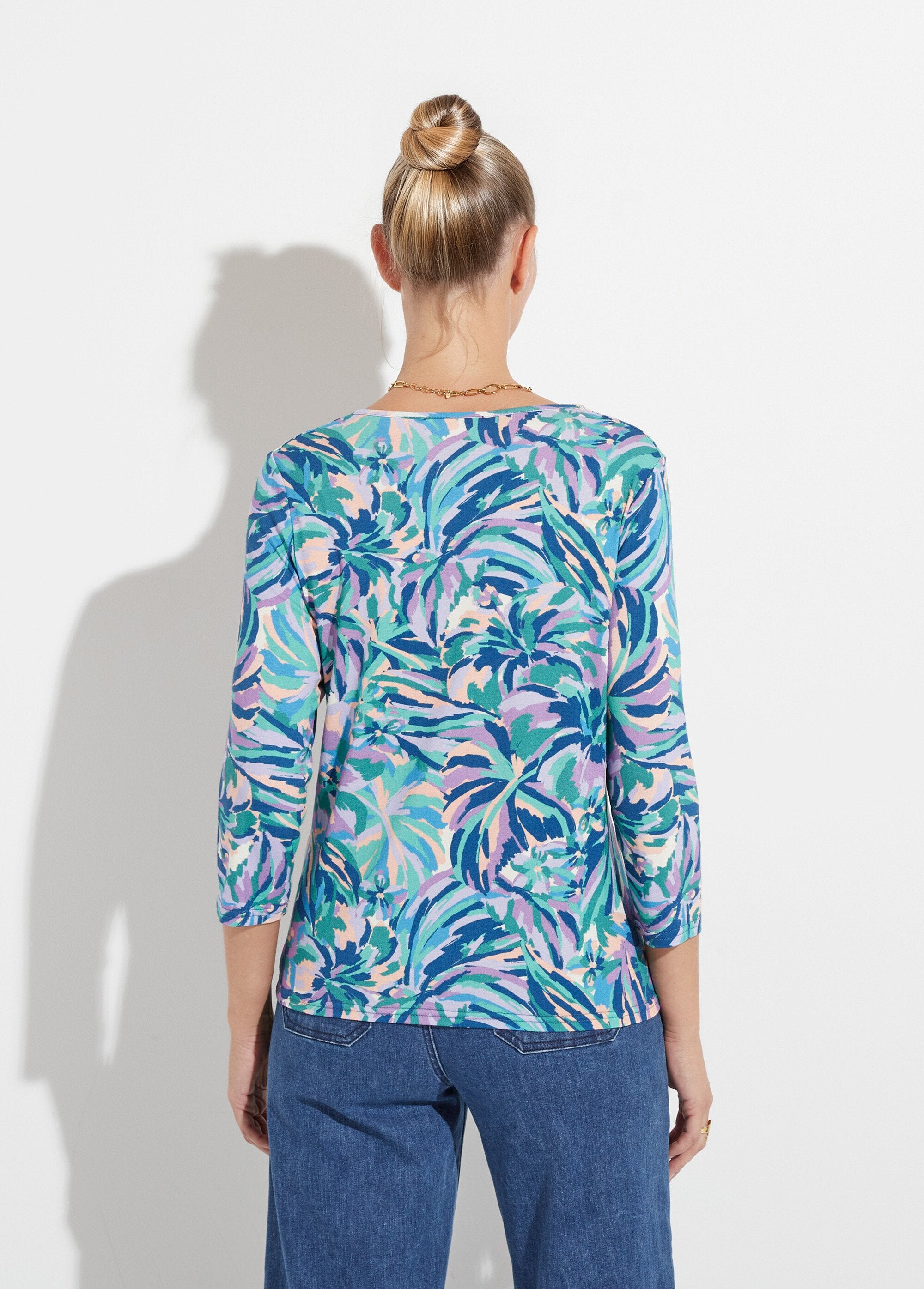 Bedrukt_T-shirt_met_ronde_hals_en_3/4_mouwen_Imprime_bleu_DO1_slim
