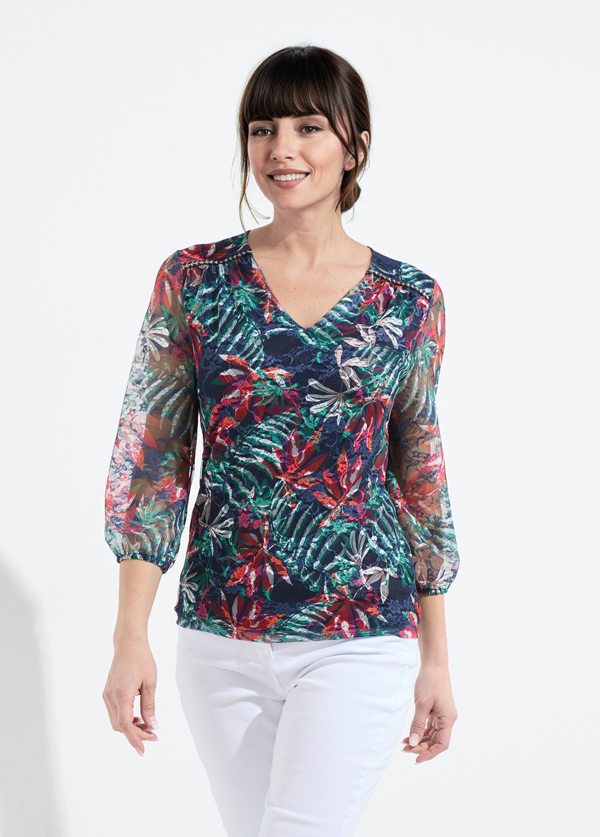 T-shirt_met_bedrukte_kanten_V-hals_Marine_et_orange_FA1_slim