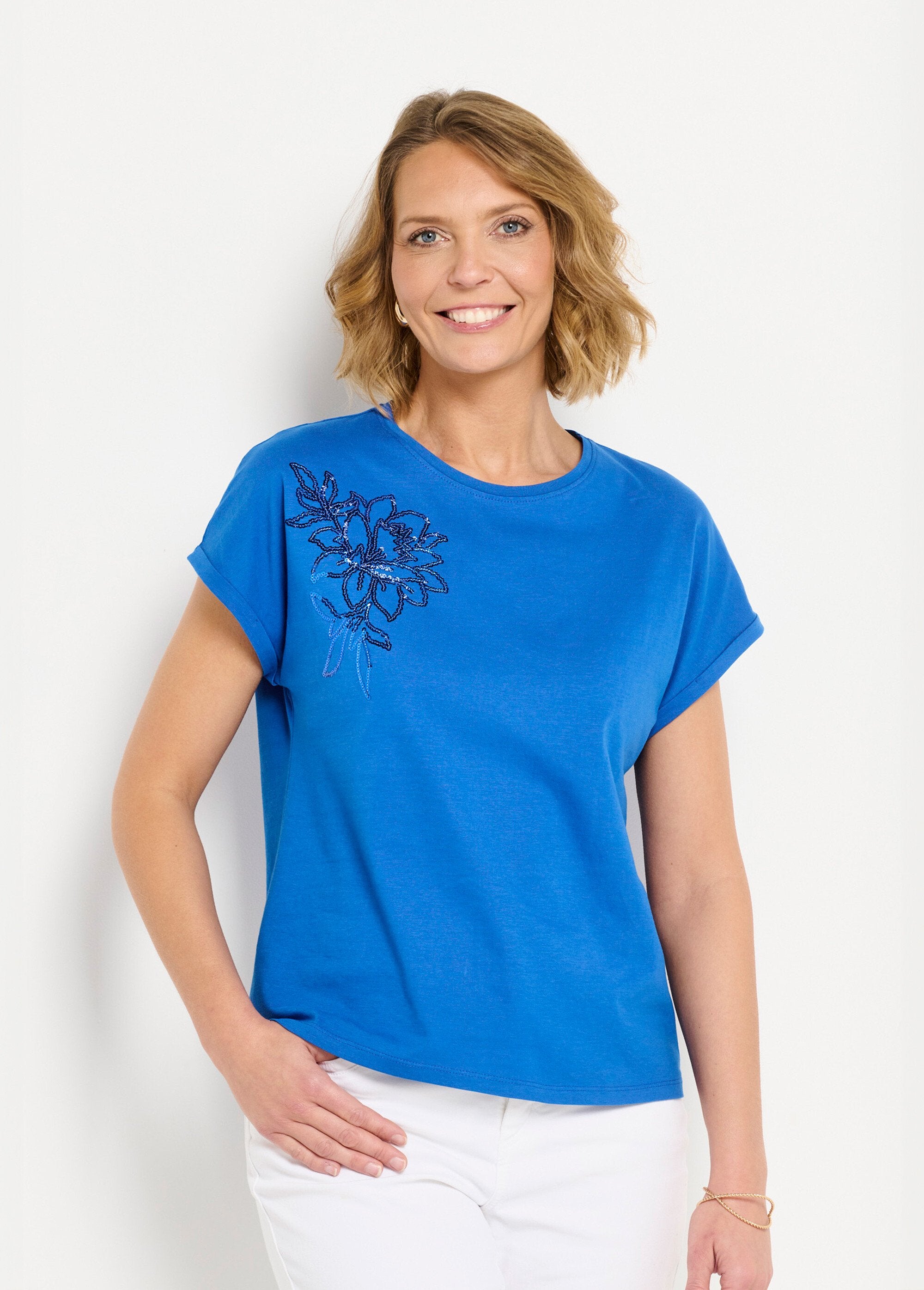 Effen_katoenen_T-shirt_met_pailletten,_korte_mouwen_Bleu_dur_FA1_slim