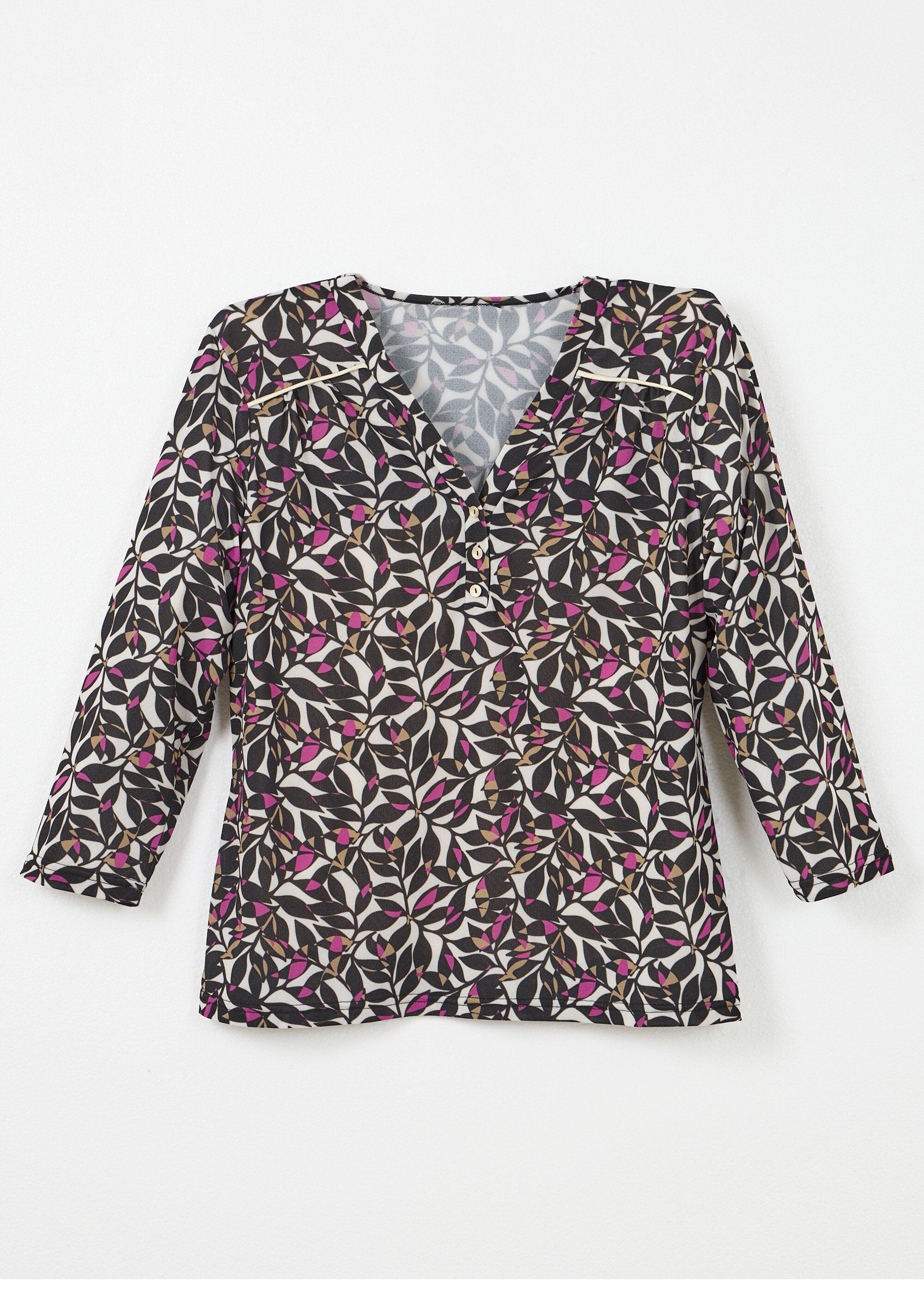 T-shirt_met_korte_V-hals_en_3/4-mouwen_bladprint_Ecru_et_rose_AP1_slim