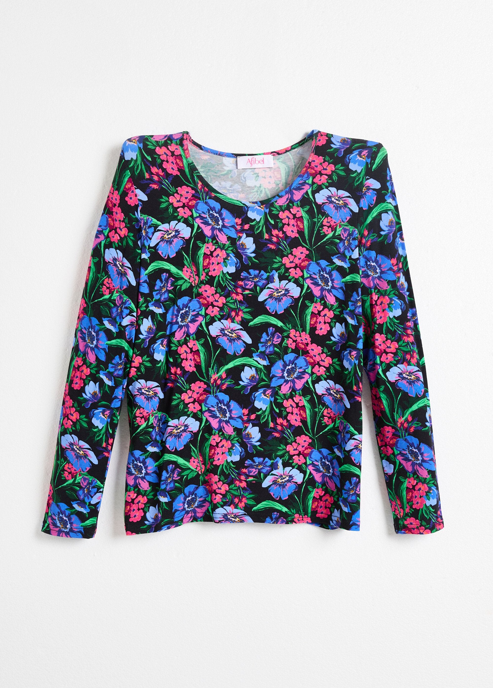 Recht_T-shirt_met_bloemen,_ronde_hals,_lange_mouwen_Fuchsia_et_bleu_AP1_slim