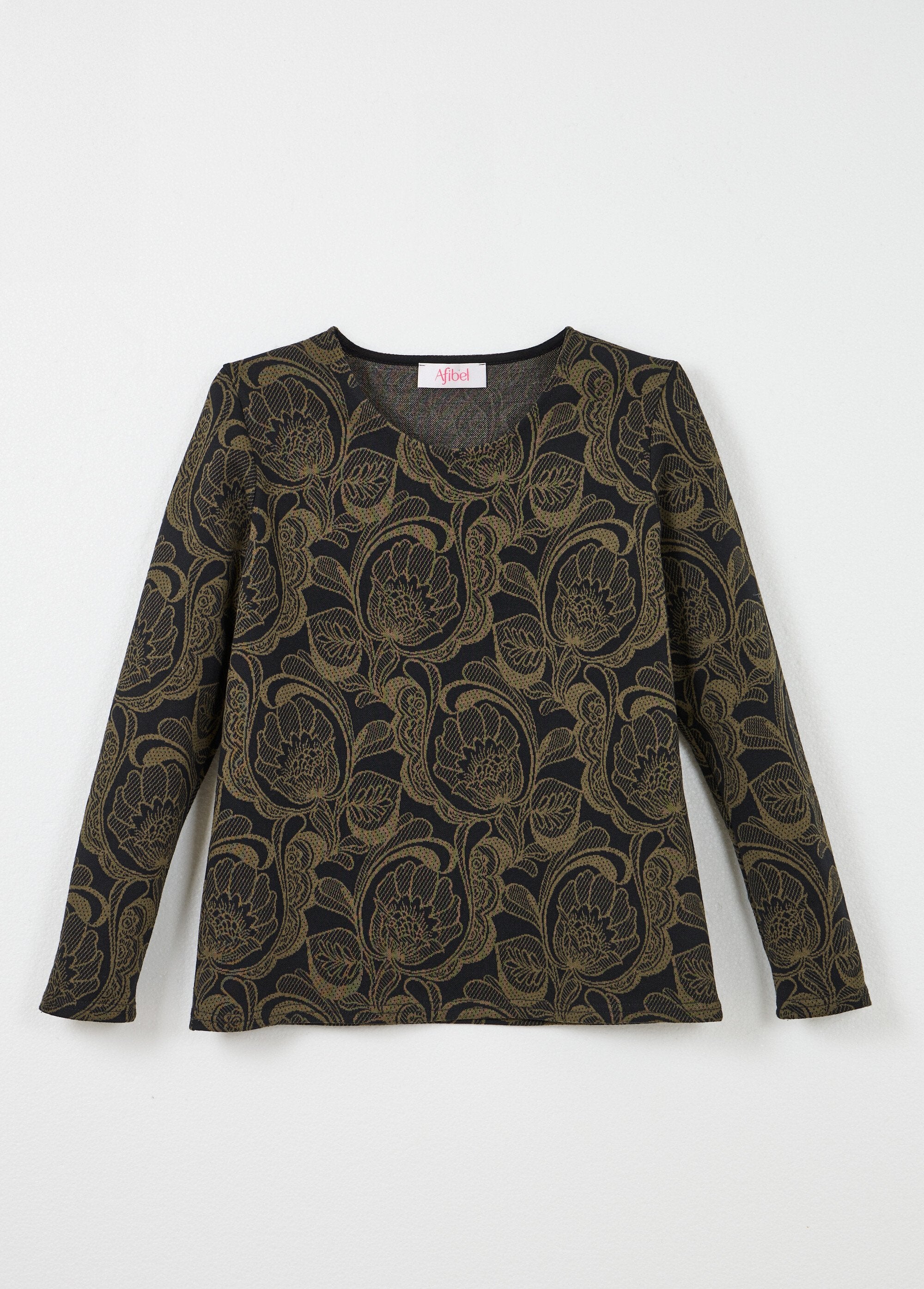 Gebloemd_jacquard_T-shirt_met_ronde_hals_Noir_et_camel_AP1_slim