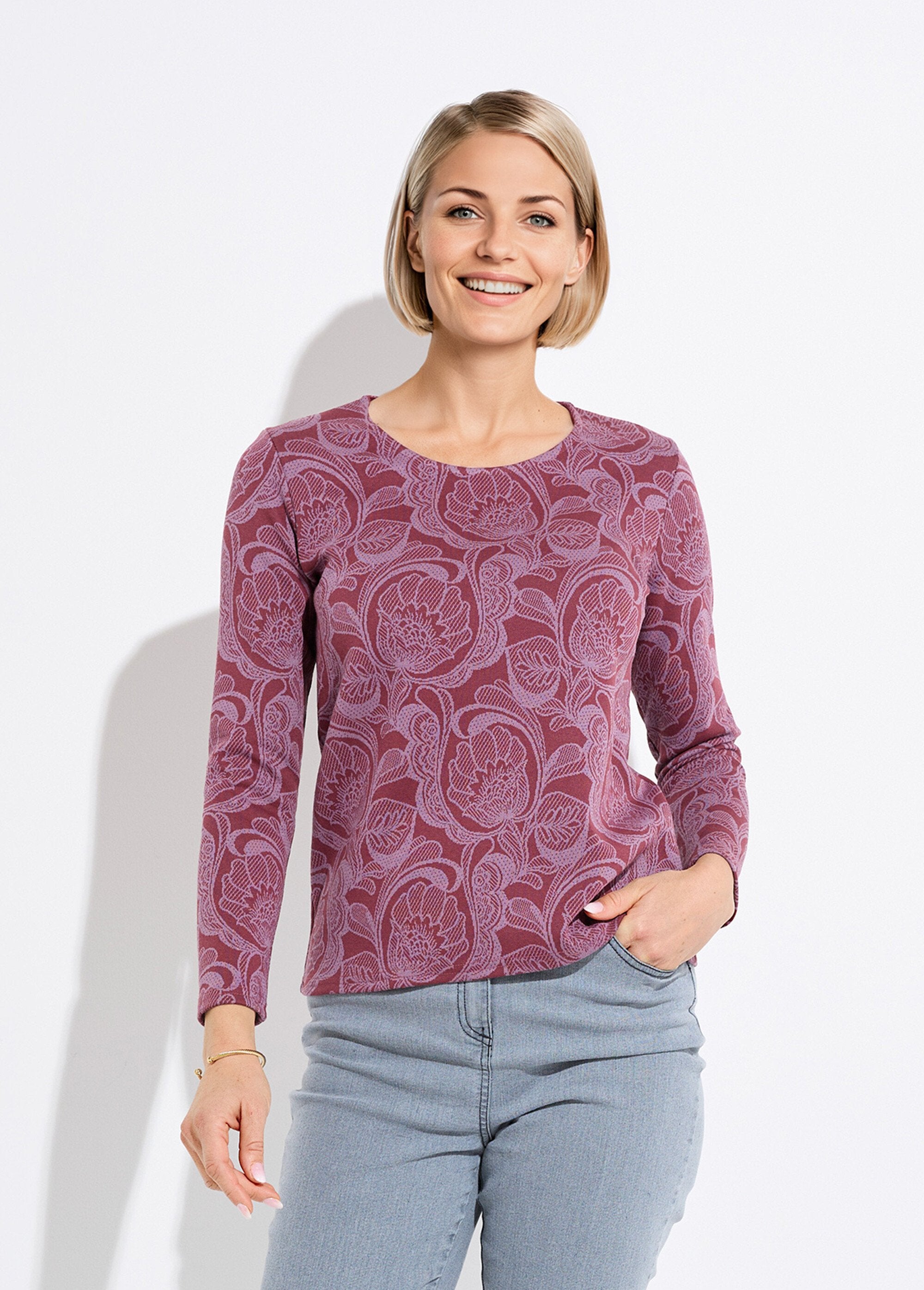 Gebloemd_jacquard_T-shirt_met_ronde_hals_Bordeaux_et_rose_FA1_slim