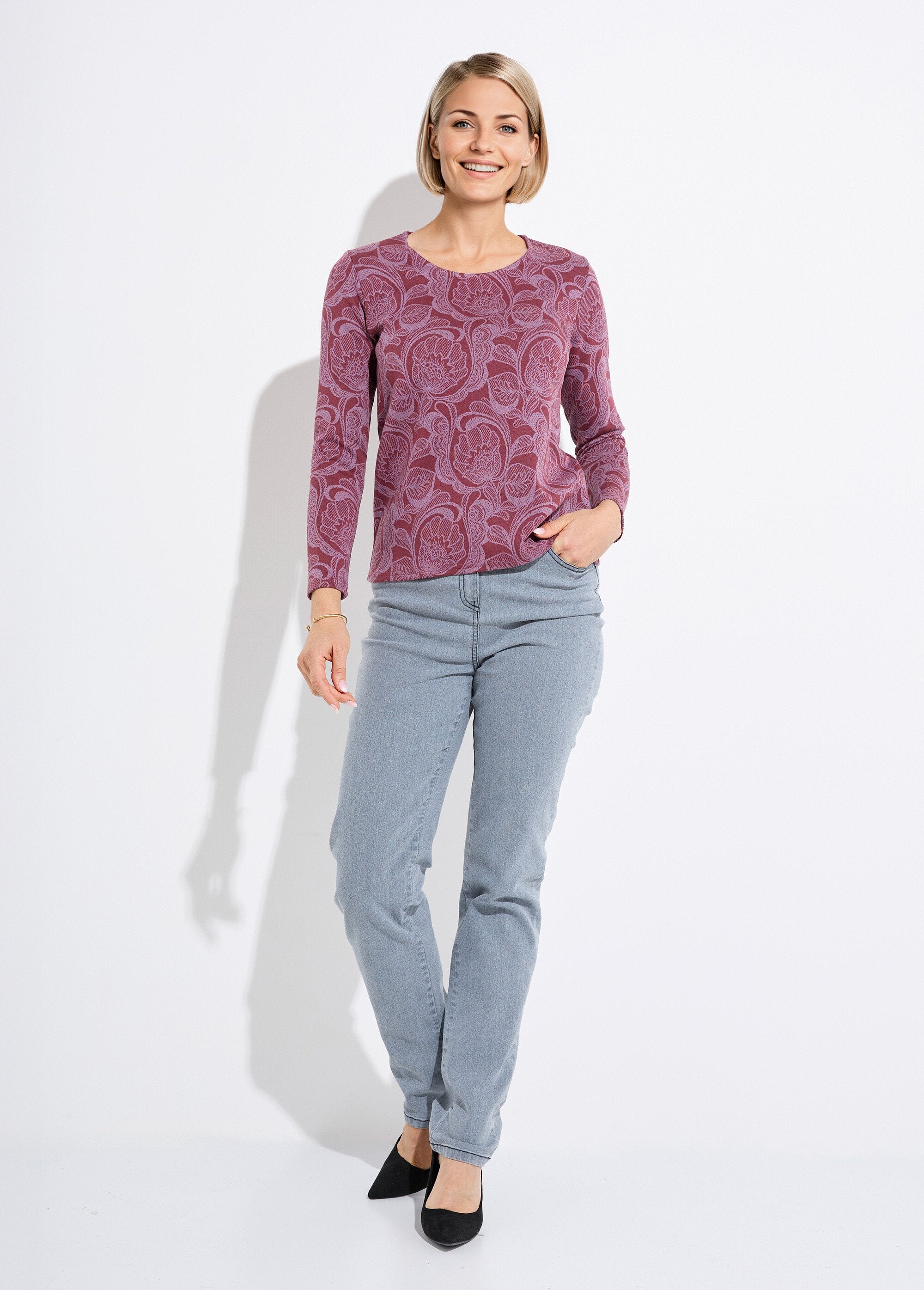 Gebloemd_jacquard_T-shirt_met_ronde_hals_Bordeaux_et_rose_SF1_slim