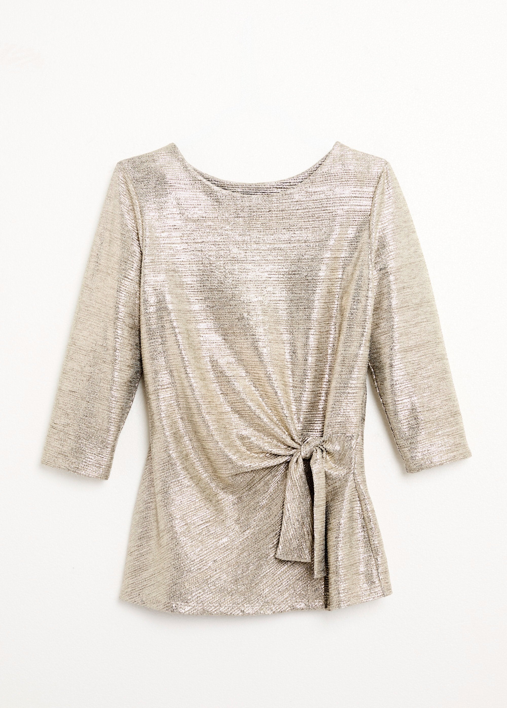 Lang_gouden_T-shirt_met_geknoopt_effect_3/4_mouwen_Dore_AP1_slim