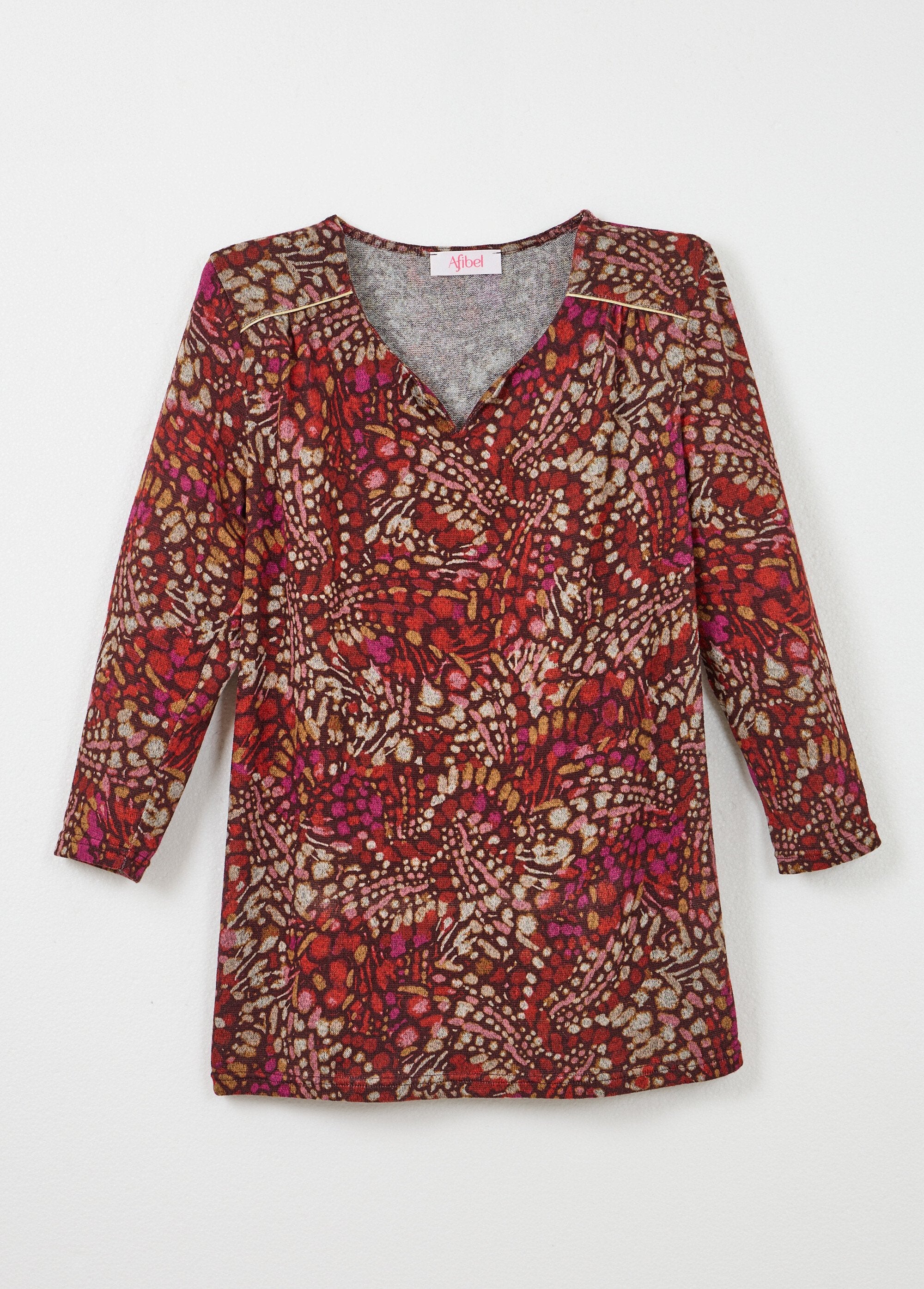 Lang_uitlopend_T-shirt,_3/4_mouwen,_tachistprint_Bordeaux_et_rose_AP1_slim