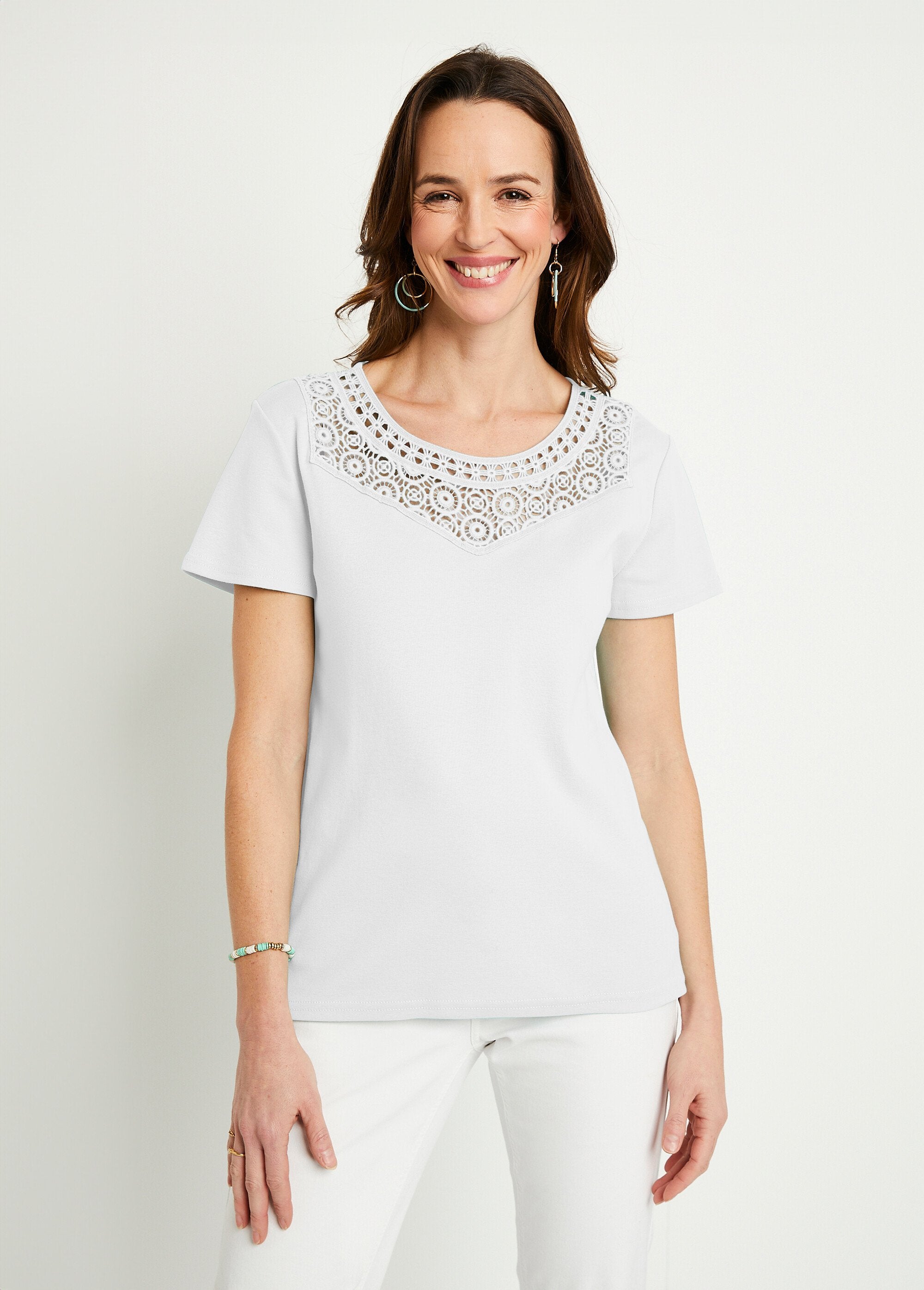 Effen_katoenen_macramé_T-shirt,_korte_mouwen_Wit_FA1_slim