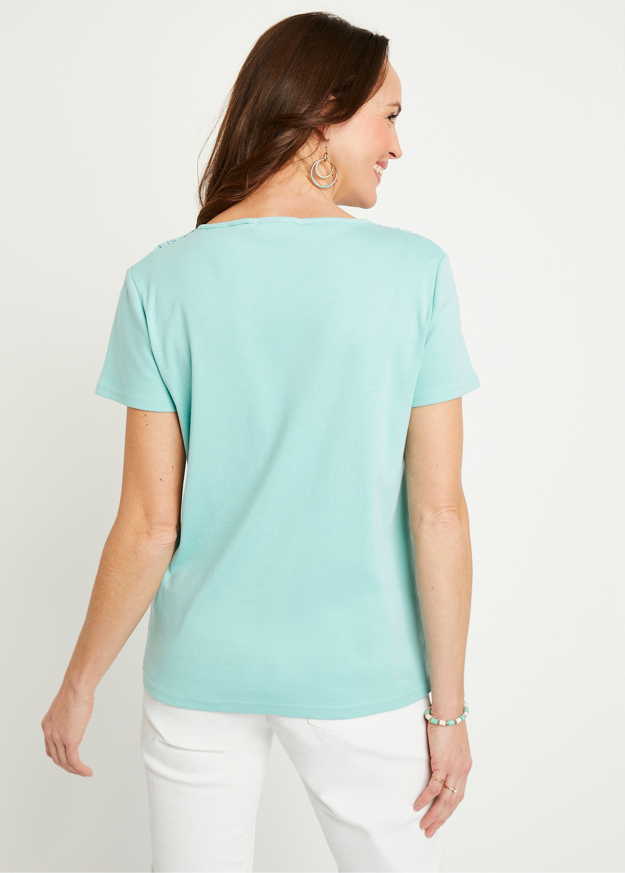 Effen_katoenen_macramé_T-shirt,_korte_mouwen_Aqua_DO1_slim