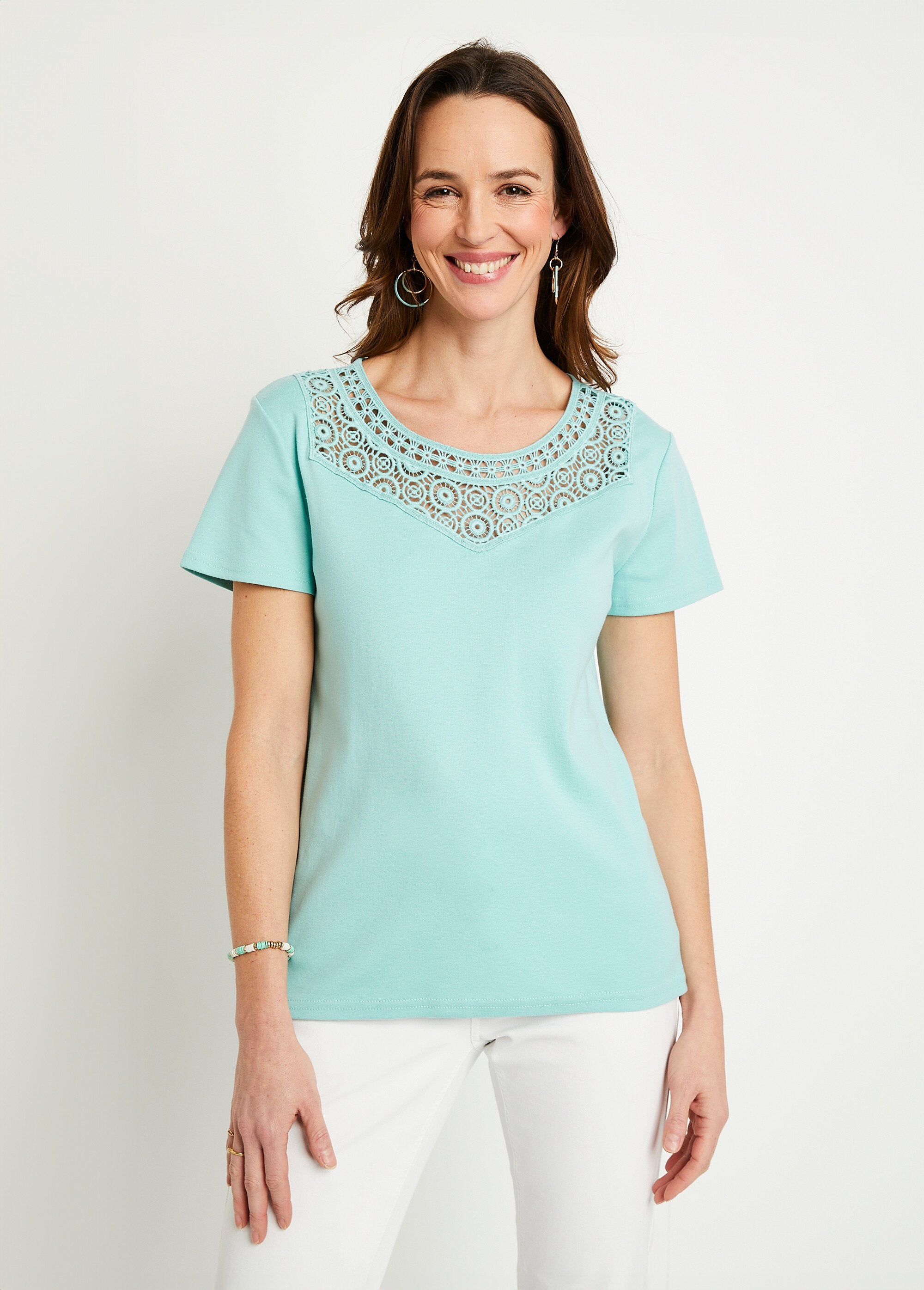 Effen_katoenen_macramé_T-shirt,_korte_mouwen_Aqua_FA1_slim