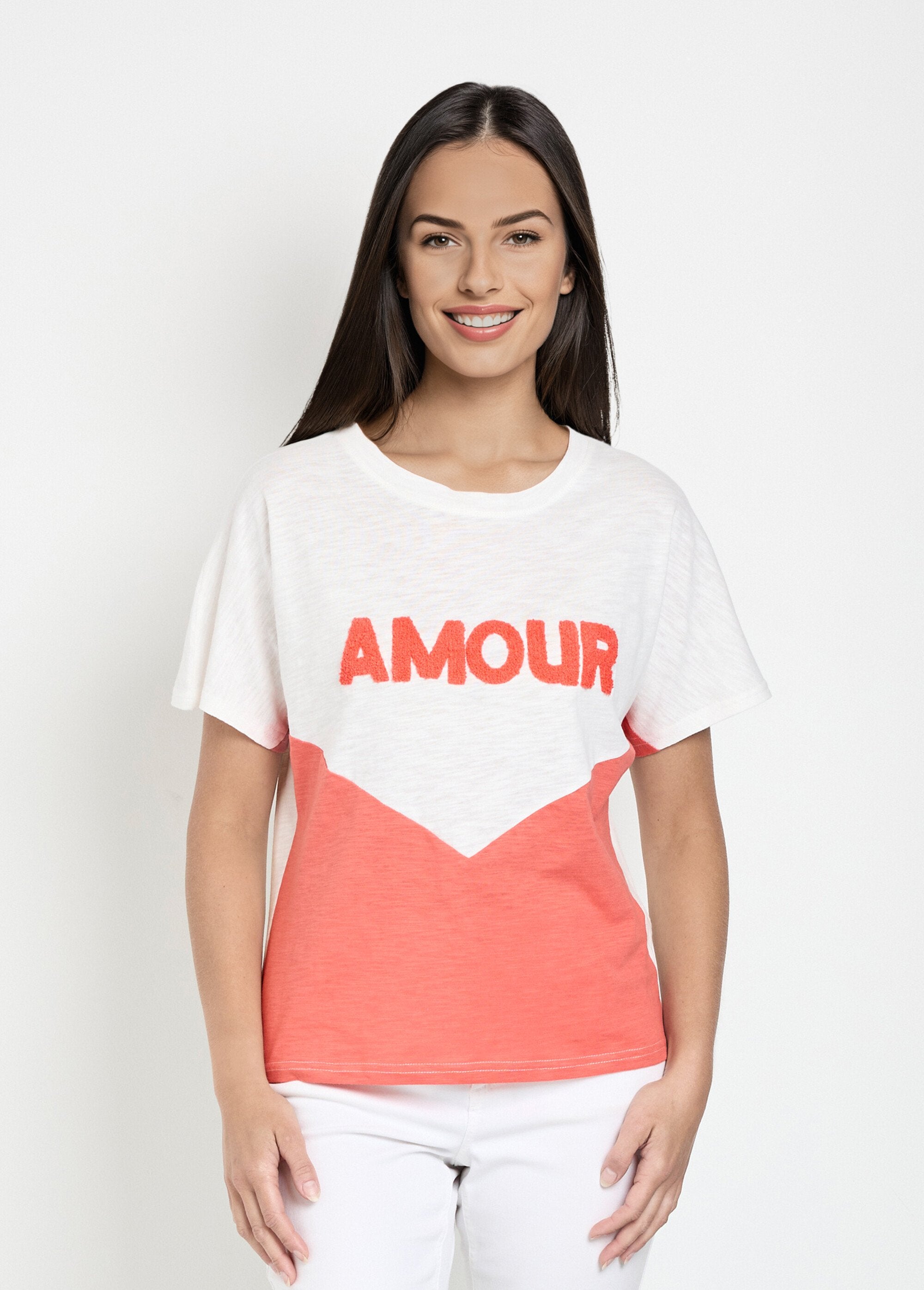 Tweekleurig_gebreid_T-shirt_met_boodschap_Corail_et_blanc_FA1_slim