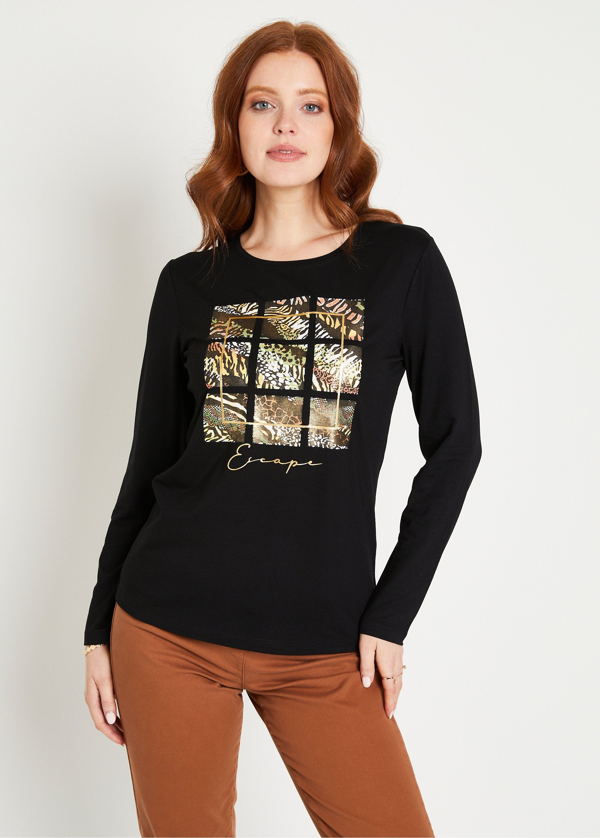 Effen_T-shirt_met_lange_mouwen_Noir_et_beige_FA1_slim