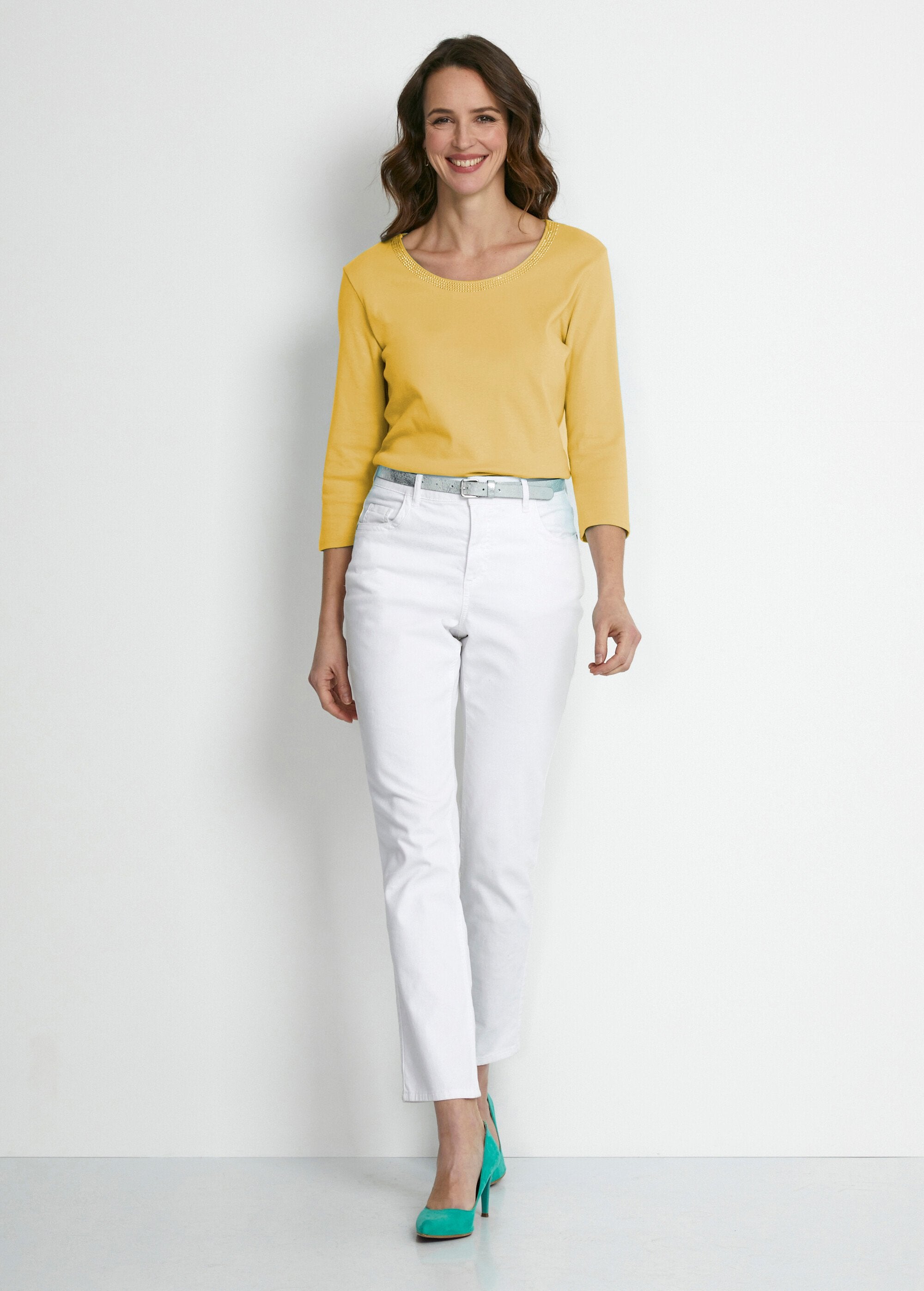 T-shirt_met_studs_en_3/4_mouwen_Jaune_SF1_slim