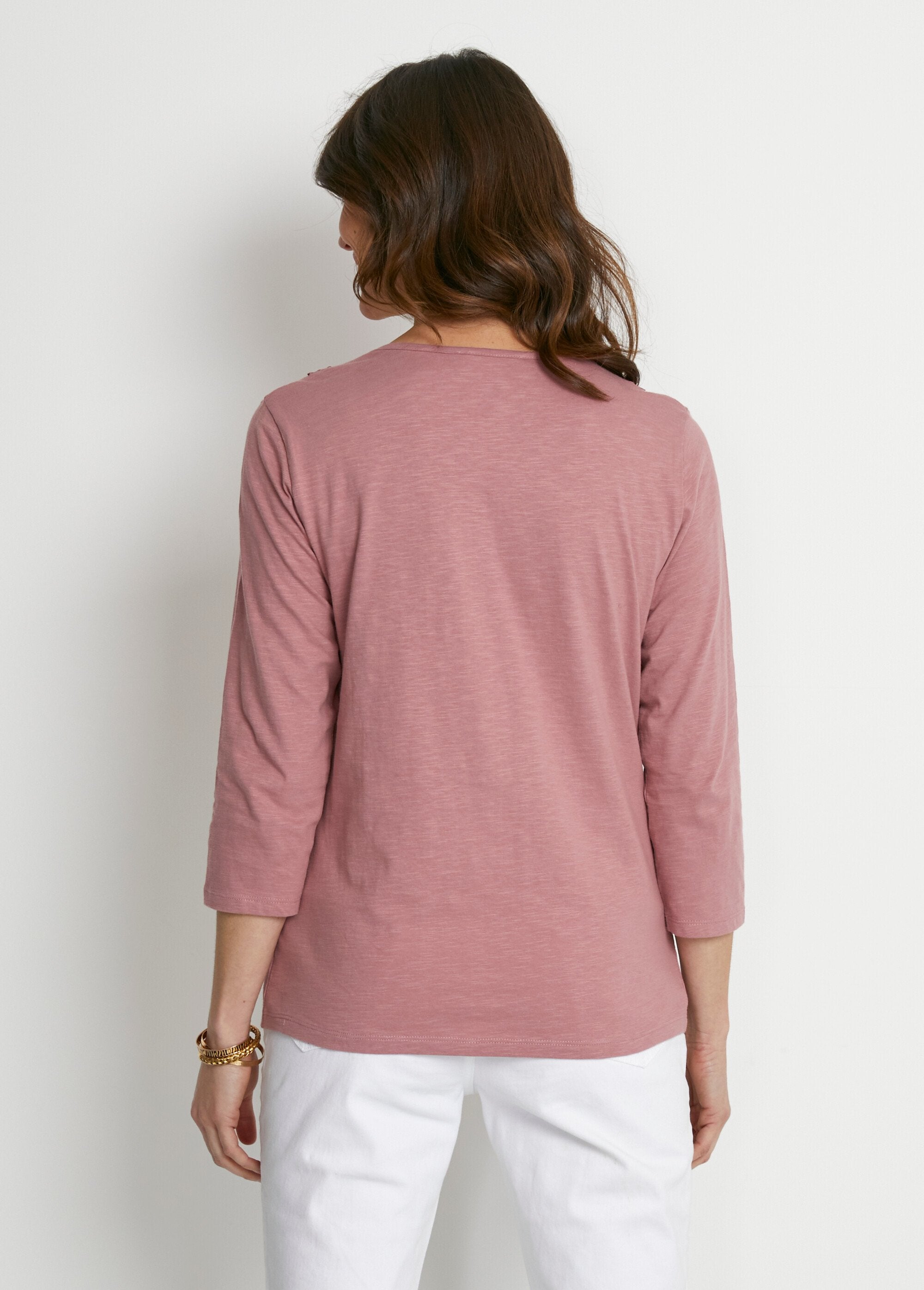 Katoenen_en_macramé_T-shirt_met_3/4_mouwen_Roze_DO1_slim