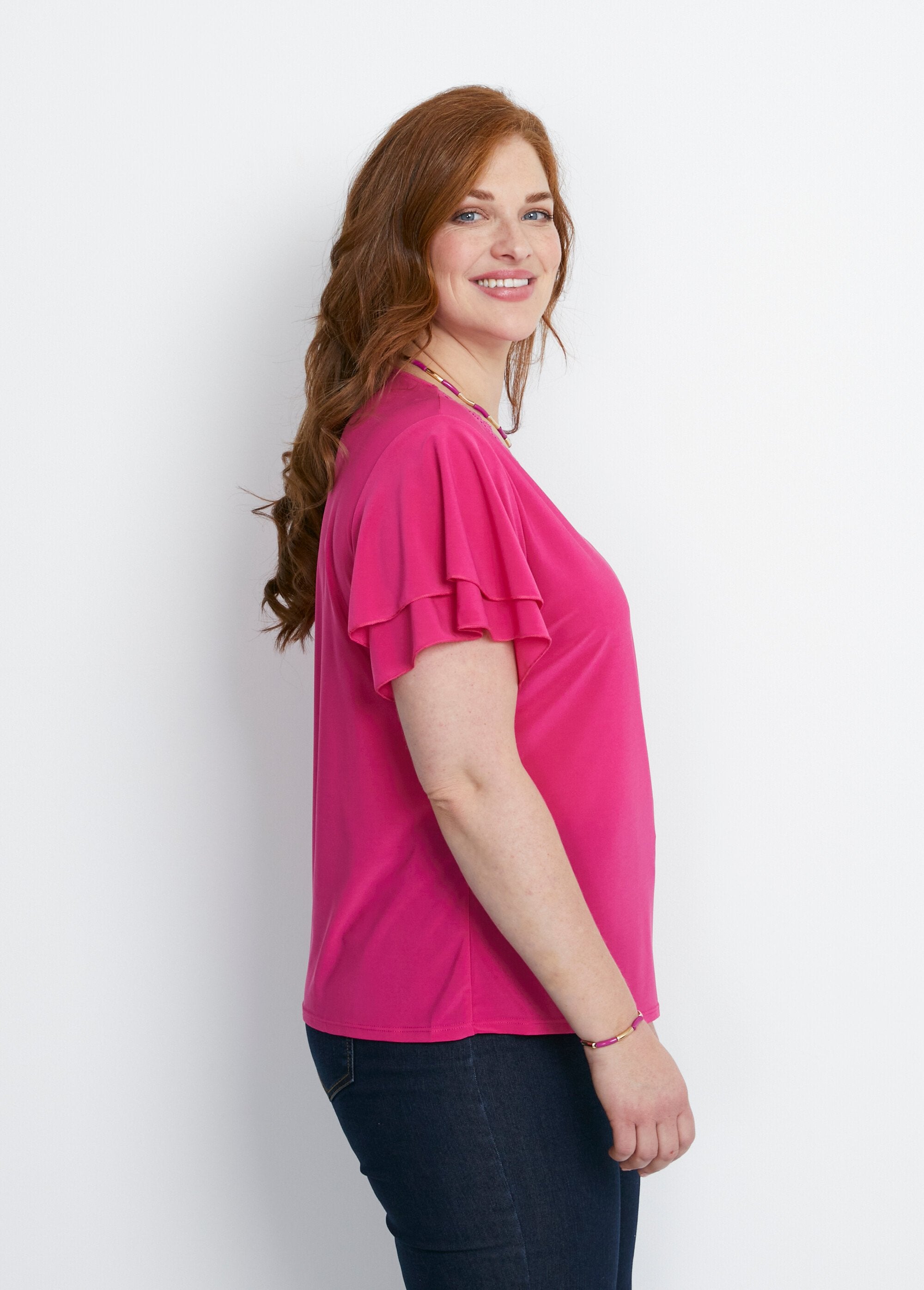 T-shirt_met_korte_mouwen_en_ruches_Effen_fuchsia_DR1_curvy