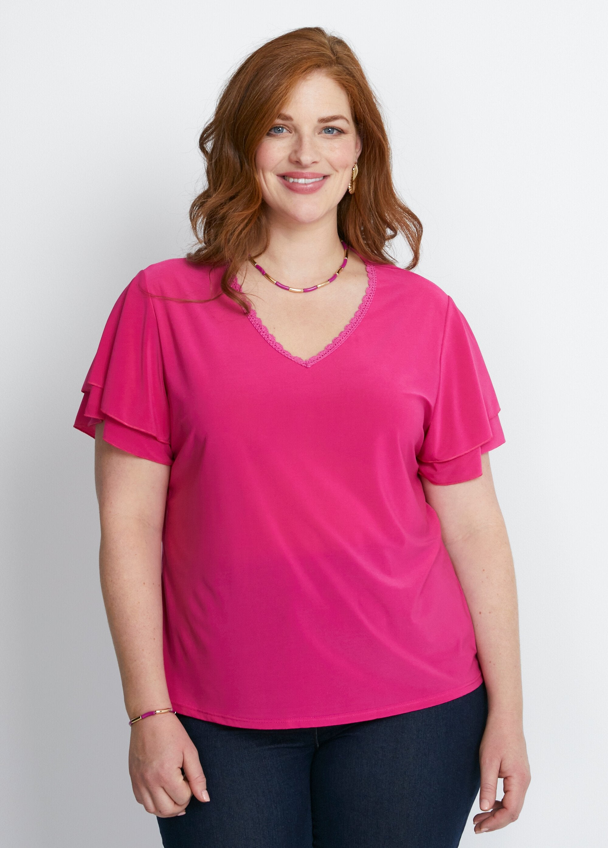 T-shirt_met_korte_mouwen_en_ruches_Effen_fuchsia_FA1_curvy