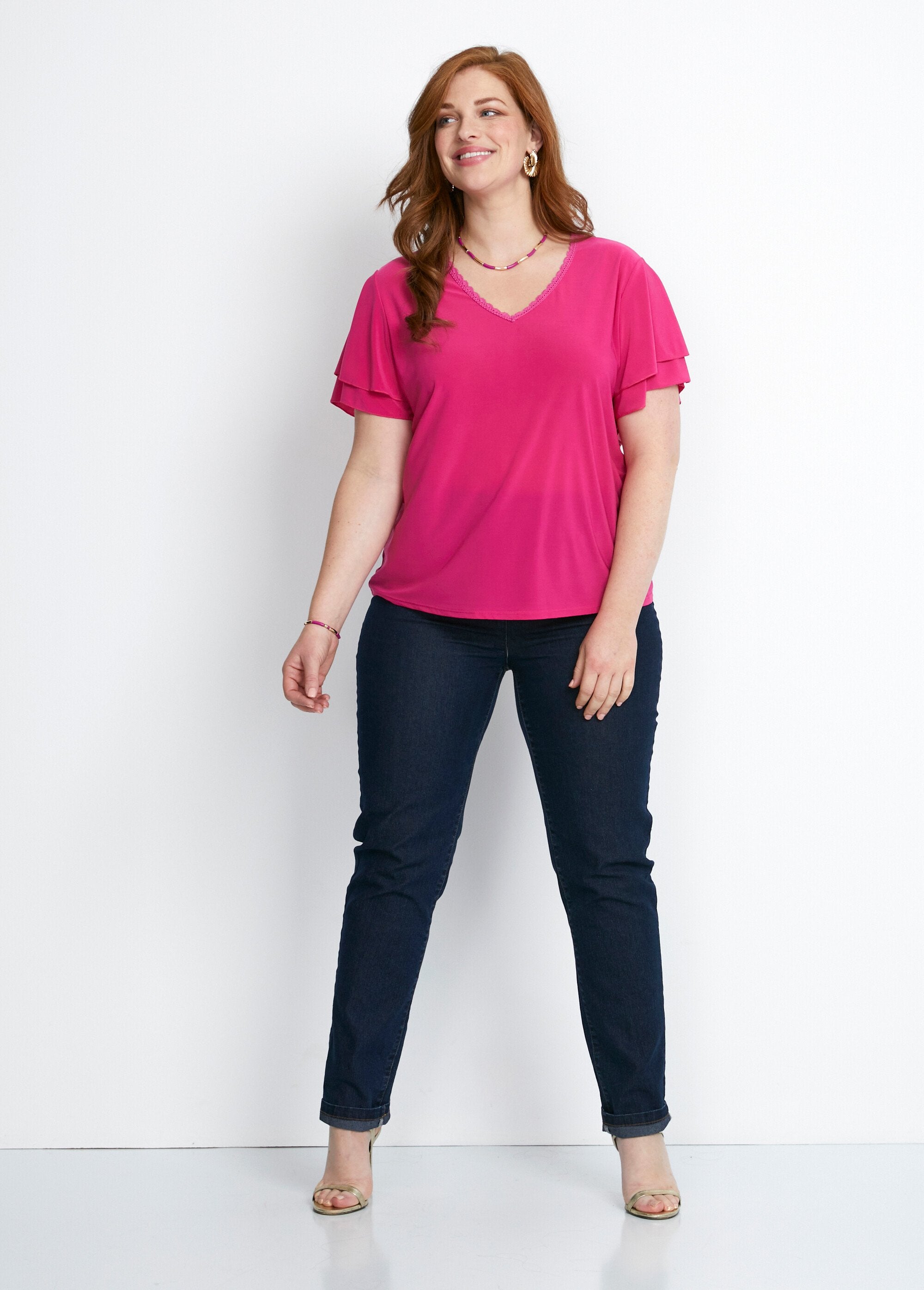 T-shirt_met_korte_mouwen_en_ruches_Effen_fuchsia_SF1_curvy