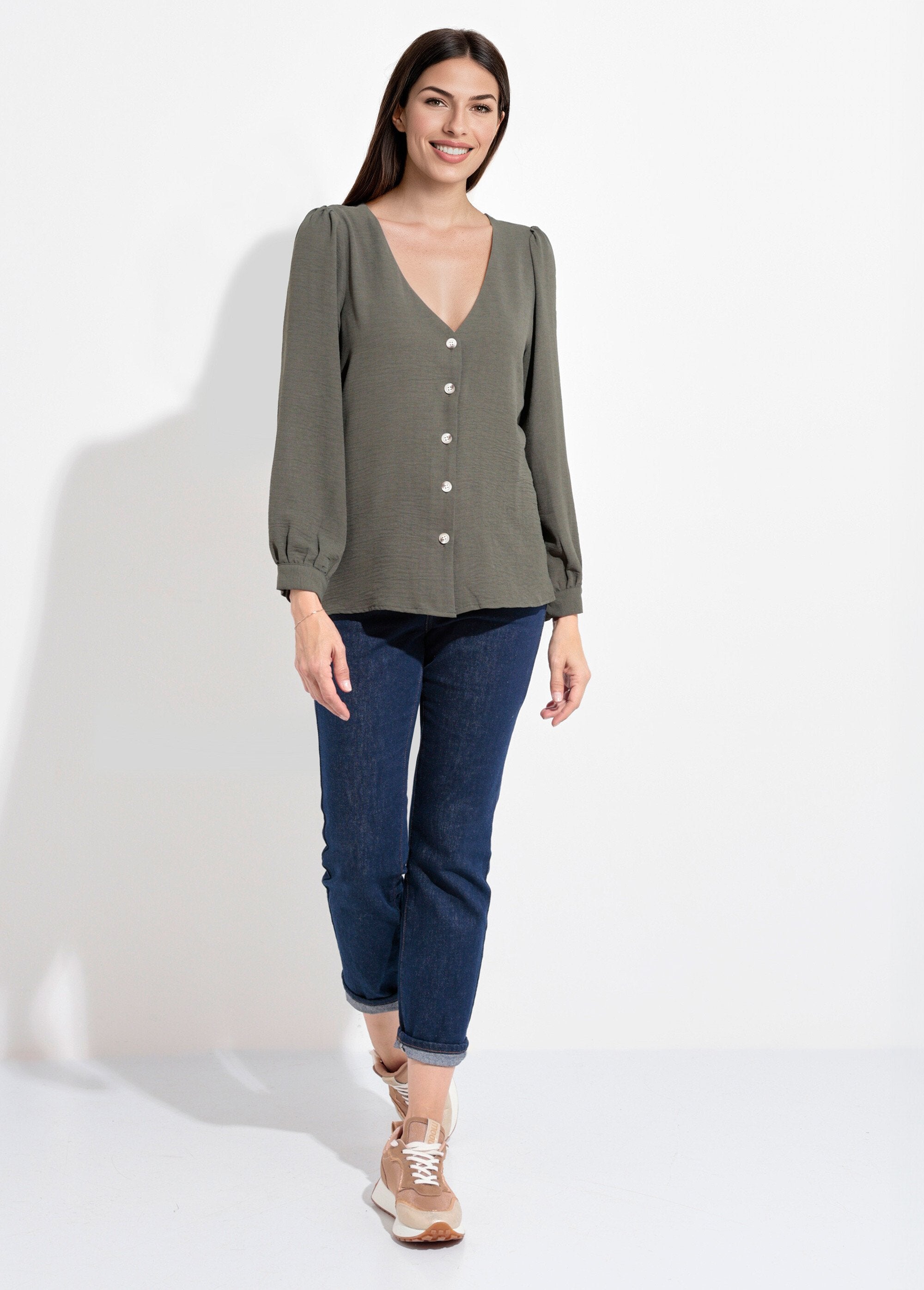 Tuniek_met_V-hals_en_reliëfknoopsluiting_Kaki_SF1_slim