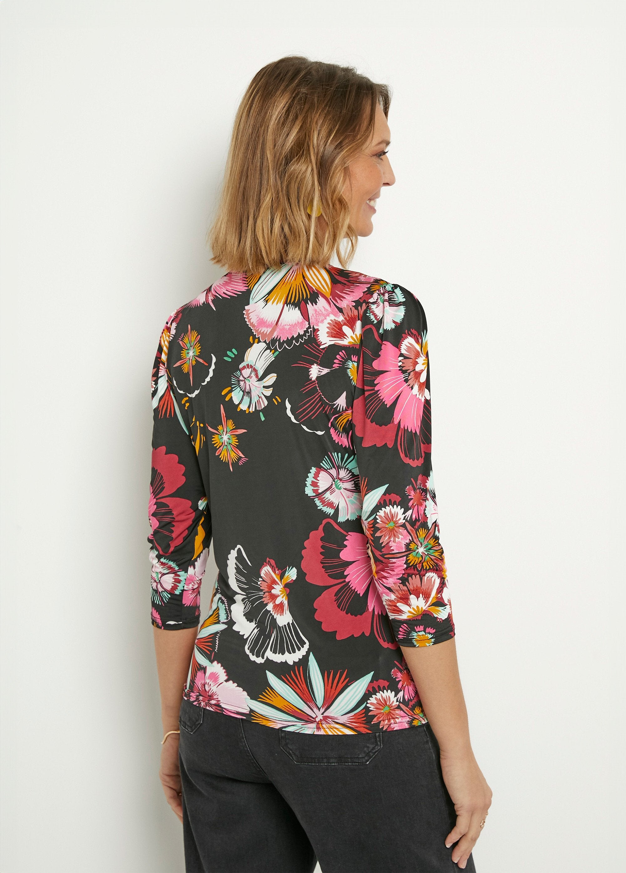 Stretch_tuniek_met_bloemenprint,_3/4_mouwen_Imprime_noir_DO1_slim