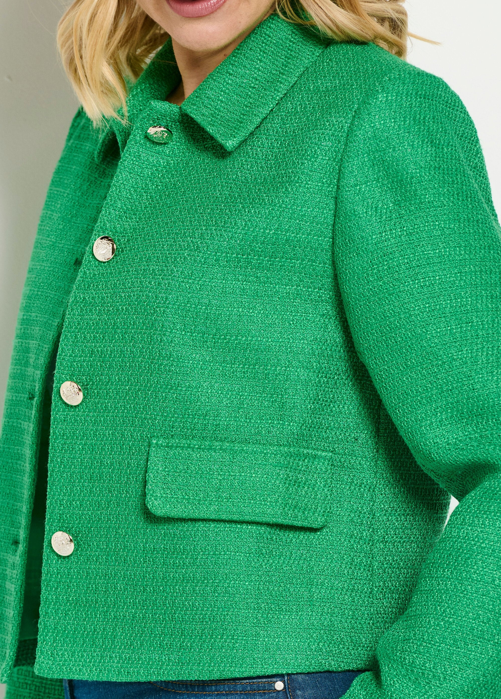 Veste_courte_droite_boutonnée_tissu_natté_uni_Vert_DE2_slim