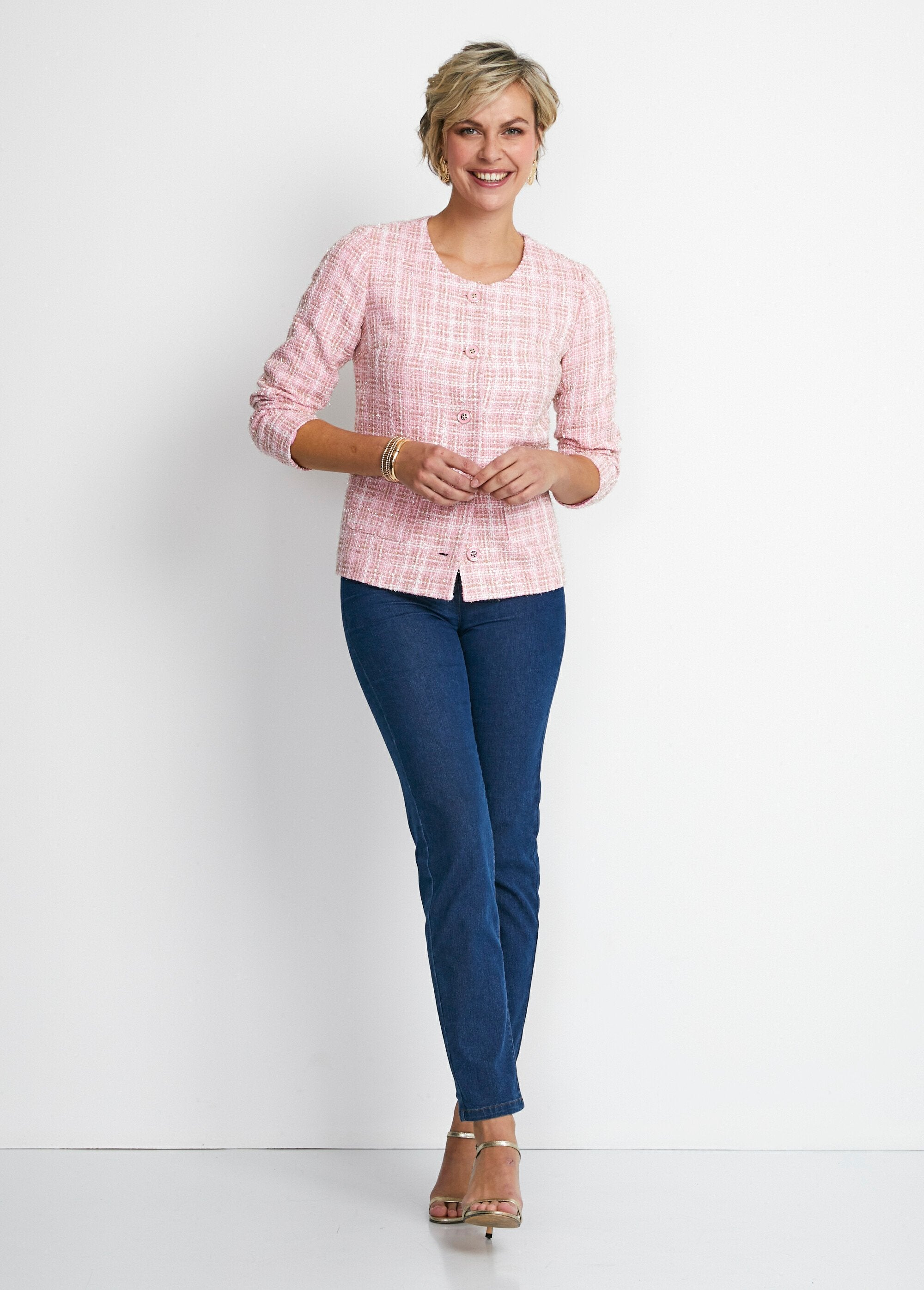 Kort_jasje_zonder_kraag_in_tweed-effect_stof_Rose_et_dore_SF1_slim