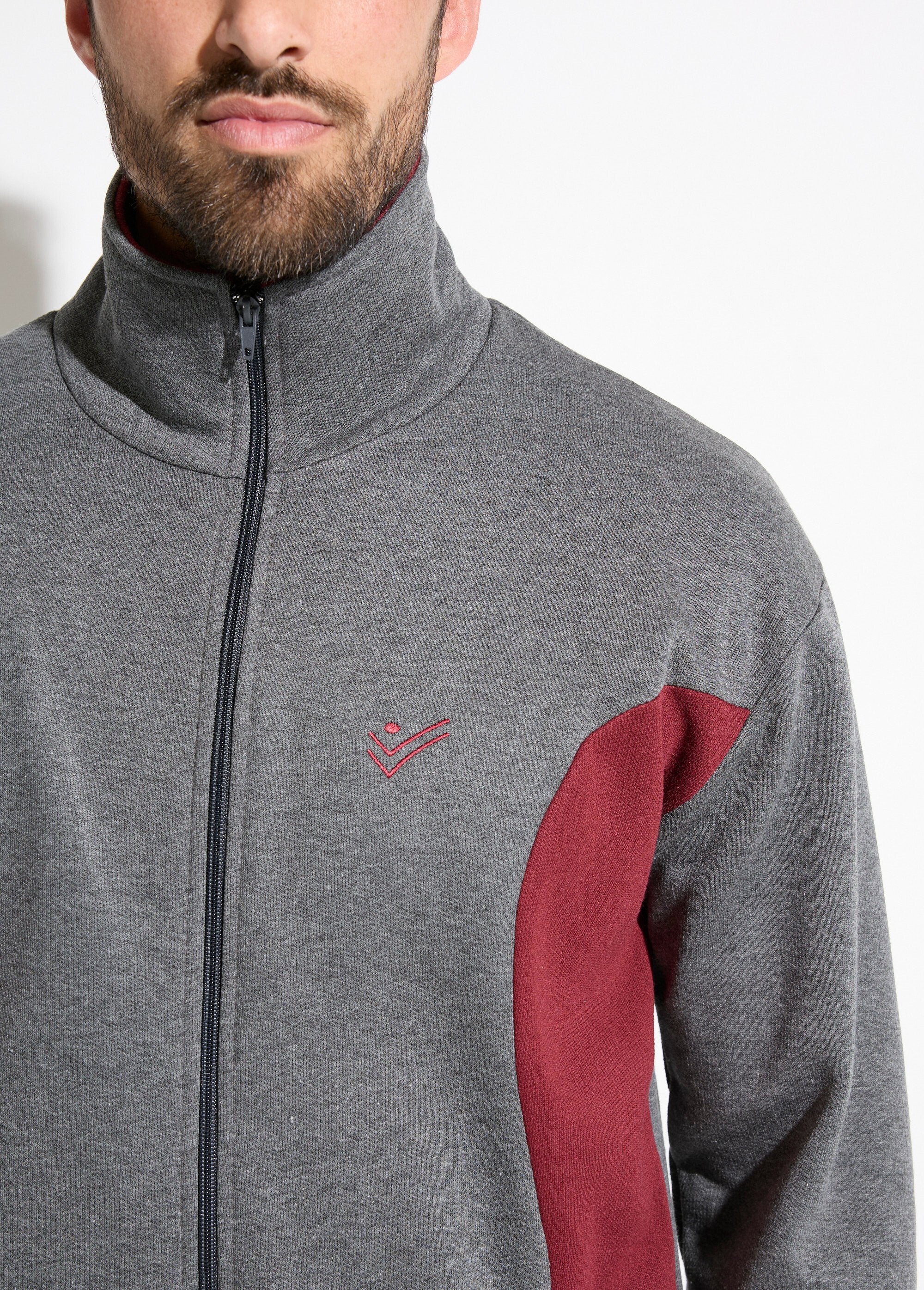 Tweekleurig_katoenen_fleece_zip-up_loungejack_Anthracite_et_bordeaux_DE1_slim