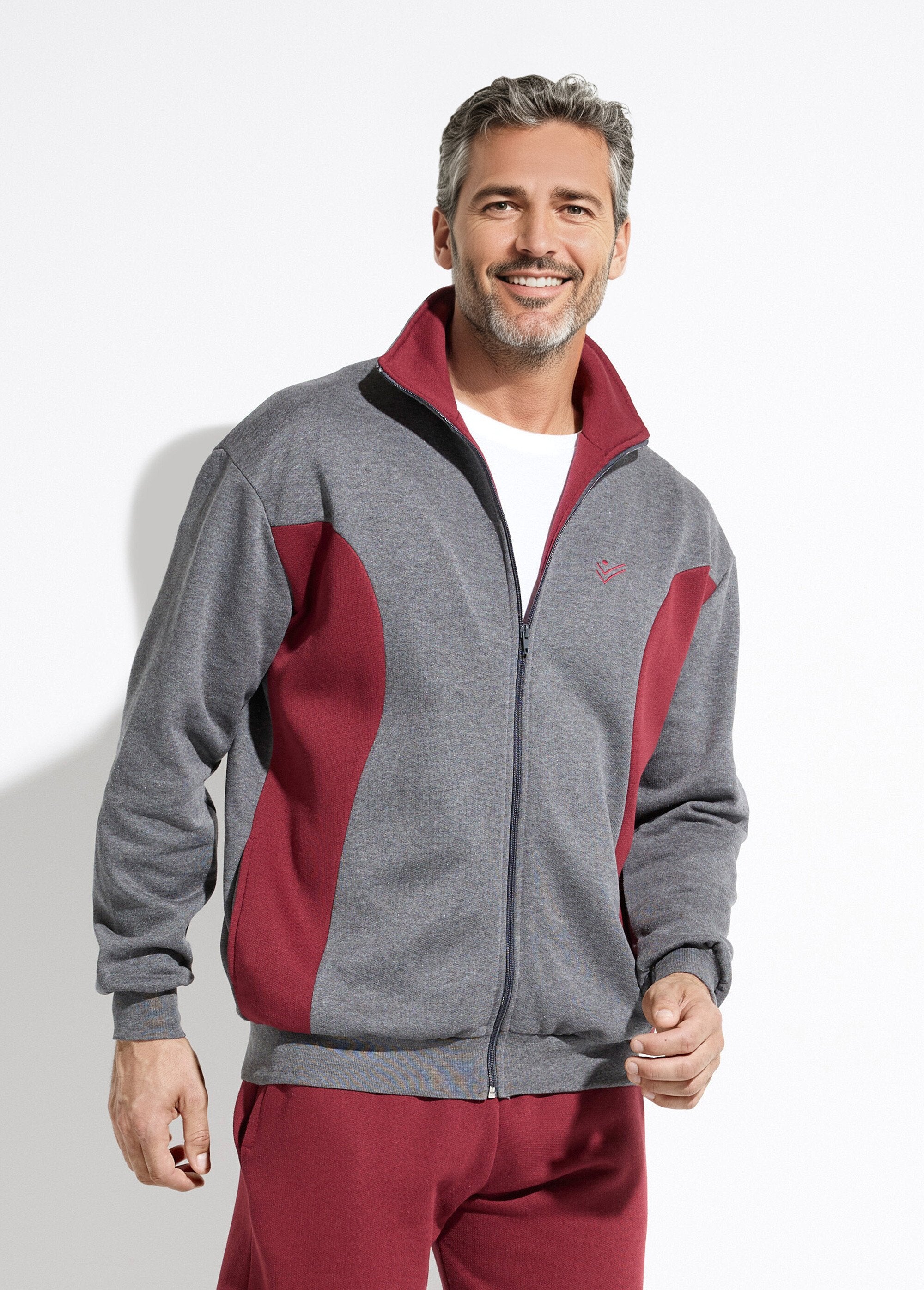 Tweekleurig_katoenen_fleece_zip-up_loungejack_Anthracite_et_bordeaux_FA1_slim