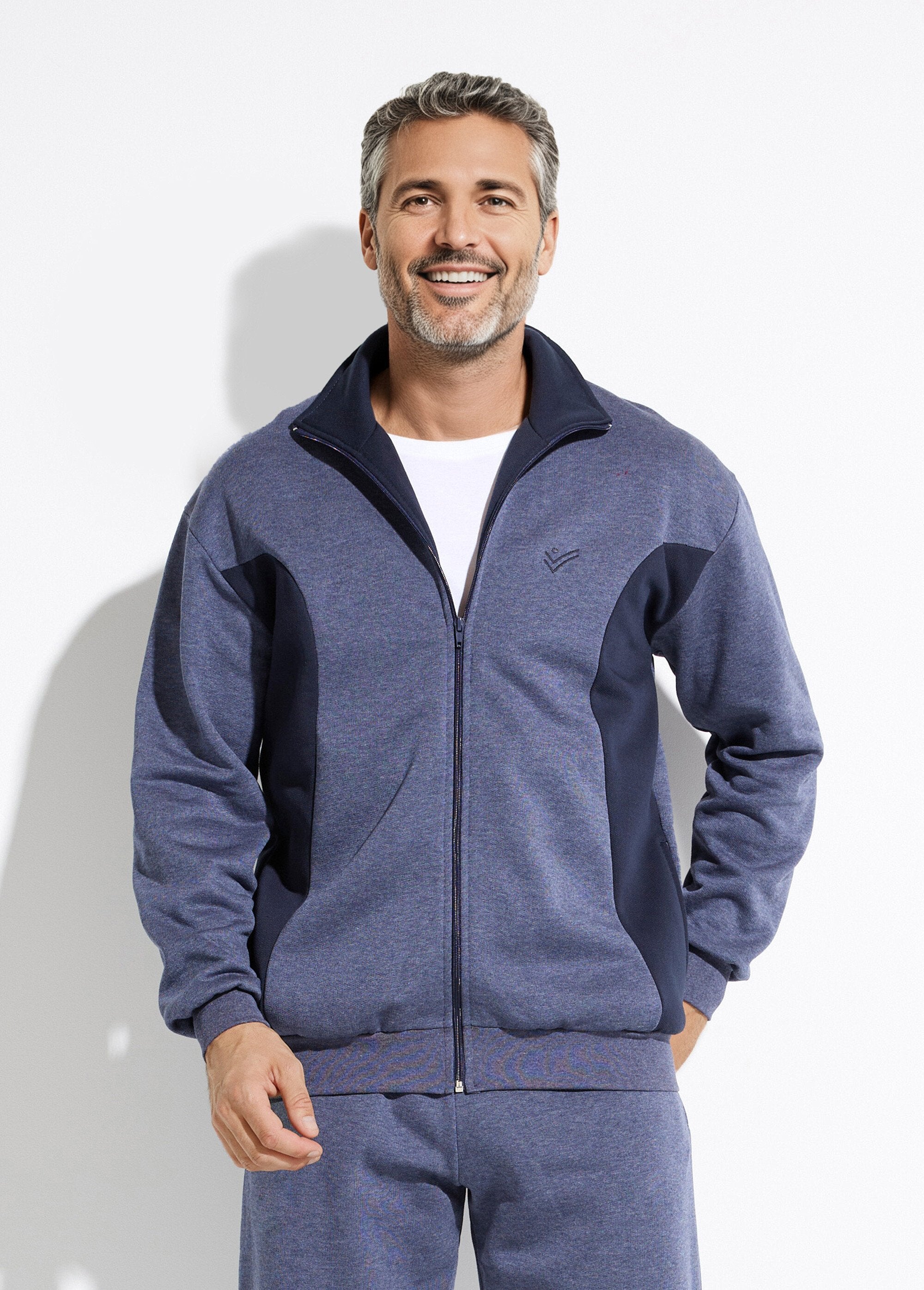 Tweekleurig_katoenen_fleece_zip-up_loungejack_Bleu_grise_et_marine_FA1_slim